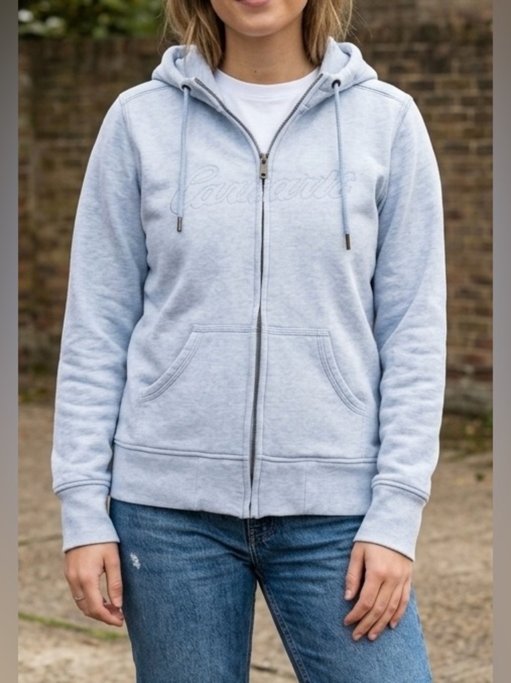 Carhartt Women’s Large Heathered Light Blue Full Zip Hooded Logo Sweat Jacket